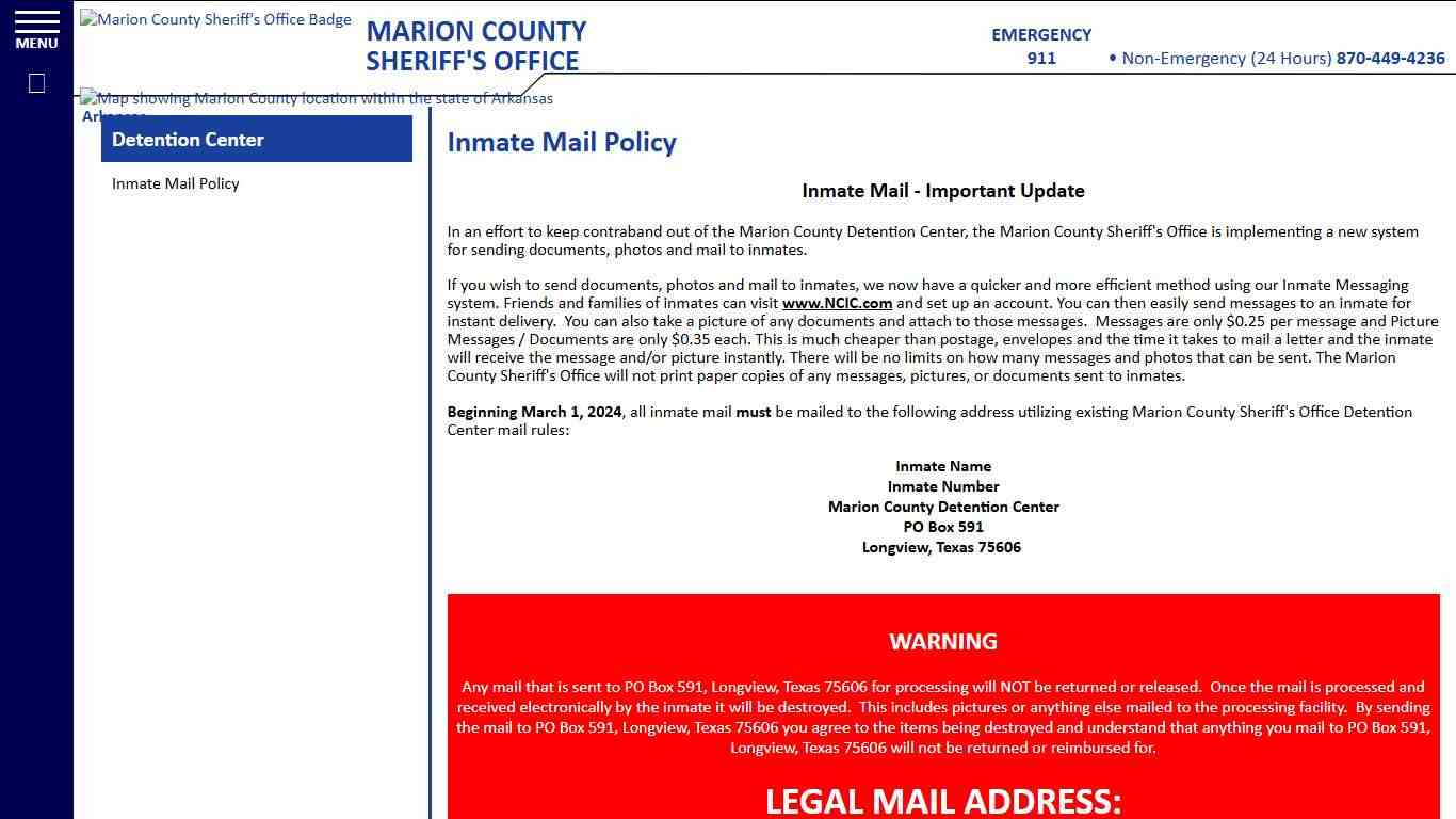 Inmate Mail Policy | Marion County Sheriff AR