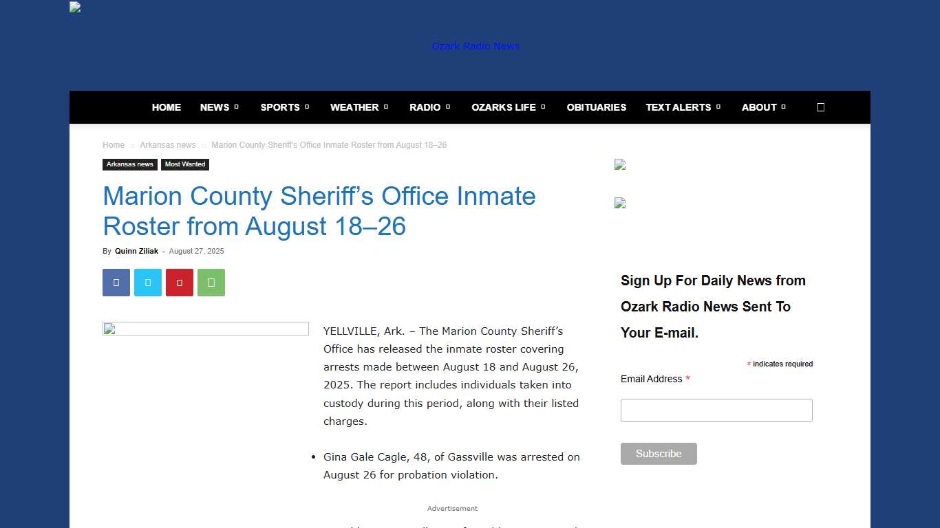 Marion County Sheriff’s Office Inmate Roster from August 18–26 - Ozark Radio News
